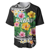 Hawaii Aloha Tropical Leaves and Flower Baseball Jersey with Polynesian Art Tattoo Black Color - Polynesian Pride