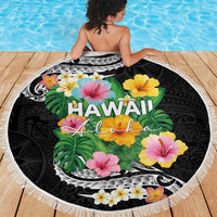 Hawaii Aloha Tropical Leaves and Flower Beach Blanket with Polynesian Art Tattoo Black Color LT03 - Polynesian Pride