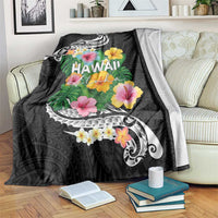 Hawaii Aloha Tropical Leaves and Flower Blanket with Polynesian Art Tattoo Black Color LT03 Black - Polynesian Pride