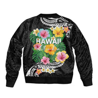 Hawaii Aloha Tropical Leaves and Flower Bomber Jacket with Polynesian Art Tattoo Black Color - Polynesian Pride