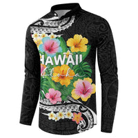 Hawaii Aloha Tropical Leaves and Flower Button Sweatshirt with Polynesian Art Tattoo Black Color LT03 - Polynesian Pride