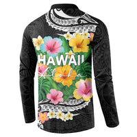 Hawaii Aloha Tropical Leaves and Flower Button Sweatshirt with Polynesian Art Tattoo Black Color LT03 - Polynesian Pride