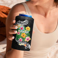 Hawaii Aloha Tropical Leaves and Flower 4 in 1 Can Cooler Tumbler with Polynesian Art Tattoo Black Color - Polynesian Pride