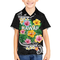 Hawaii Aloha Tropical Leaves and Flower Family Matching Off The Shoulder Long Sleeve Dress and Hawaiian Shirt with Polynesian Art Tattoo Black Color - Polynesian Pride
