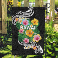 Hawaii Aloha Tropical Leaves and Flower Garden Flag with Polynesian Art Tattoo Black Color - Polynesian Pride