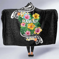 Hawaii Aloha Tropical Leaves and Flower Hooded Blanket with Polynesian Art Tattoo Black Color - Polynesian Pride