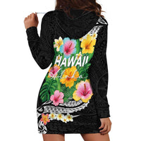 Hawaii Aloha Tropical Leaves and Flower Hoodie Dress with Polynesian Art Tattoo Black Color - Polynesian Pride