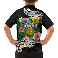 Hawaii Aloha Tropical Leaves and Flower Kid Hawaiian Shirt with Polynesian Art Tattoo Black Color - Polynesian Pride