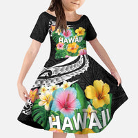 Hawaii Aloha Tropical Leaves and Flower Kid Short Sleeve Dress with Polynesian Art Tattoo Black Color - Polynesian Pride