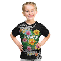 Hawaii Aloha Tropical Leaves and Flower Kid T Shirt with Polynesian Art Tattoo Black Color - Polynesian Pride