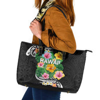 Hawaii Aloha Tropical Leaves and Flower Leather Tote Bag with Polynesian Art Tattoo Black Color - Polynesian Pride