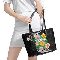 Hawaii Aloha Tropical Leaves and Flower Leather Tote Bag with Polynesian Art Tattoo Black Color - Polynesian Pride
