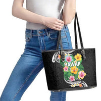 Hawaii Aloha Tropical Leaves and Flower Leather Tote Bag with Polynesian Art Tattoo Black Color - Polynesian Pride