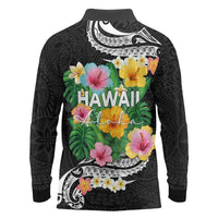 Hawaii Aloha Tropical Leaves and Flower Long Sleeve Polo Shirt with Polynesian Art Tattoo Black Color - Polynesian Pride
