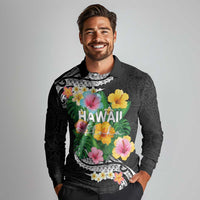 Hawaii Aloha Tropical Leaves and Flower Long Sleeve Polo Shirt with Polynesian Art Tattoo Black Color - Polynesian Pride