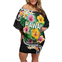 Hawaii Aloha Tropical Leaves and Flower Off Shoulder Short Dress with Polynesian Art Tattoo Black Color - Polynesian Pride