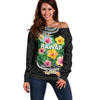 Hawaii Aloha Tropical Leaves and Flower Off Shoulder Sweater with Polynesian Art Tattoo Black Color - Polynesian Pride