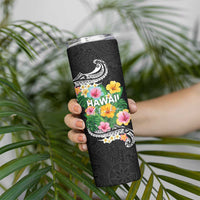 Hawaii Aloha Tropical Leaves and Flower Skinny Tumbler with Polynesian Art Tattoo Black Color - Polynesian Pride