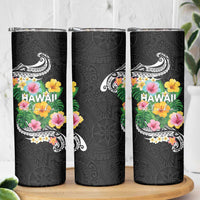 Hawaii Aloha Tropical Leaves and Flower Skinny Tumbler with Polynesian Art Tattoo Black Color - Polynesian Pride