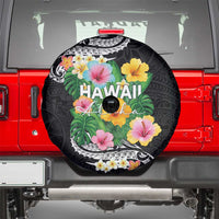 Hawaii Aloha Tropical Leaves and Flower Spare Tire Cover with Polynesian Art Tattoo Black Color - Polynesian Pride