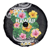 Hawaii Aloha Tropical Leaves and Flower Spare Tire Cover with Polynesian Art Tattoo Black Color - Polynesian Pride