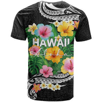Hawaii Aloha Tropical Leaves and Flower T Shirt with Polynesian Art Tattoo Black Color - Polynesian Pride