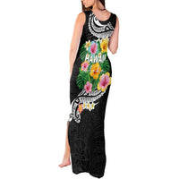 Hawaii Aloha Tropical Leaves and Flower Tank Maxi Dress with Polynesian Art Tattoo Black Color - Polynesian Pride