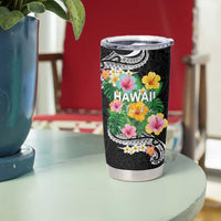 Hawaii Aloha Tropical Leaves and Flower Tumbler Cup with Polynesian Art Tattoo Black Color - Polynesian Pride