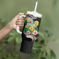 Hawaii Aloha Tropical Leaves and Flower Tumbler With Handle with Polynesian Art Tattoo Black Color - Polynesian Pride