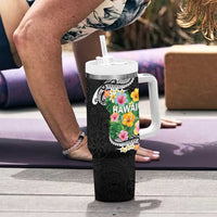 Hawaii Aloha Tropical Leaves and Flower Tumbler With Handle with Polynesian Art Tattoo Black Color - Polynesian Pride