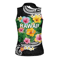 Hawaii Aloha Tropical Leaves and Flower Women Sleeveless Polo Shirt with Polynesian Art Tattoo Black Color - Polynesian Pride