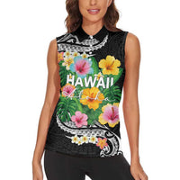 Hawaii Aloha Tropical Leaves and Flower Women Sleeveless Polo Shirt with Polynesian Art Tattoo Black Color - Polynesian Pride