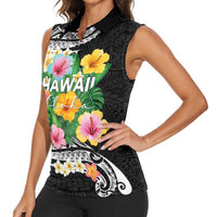 Hawaii Aloha Tropical Leaves and Flower Women Sleeveless Polo Shirt with Polynesian Art Tattoo Black Color - Polynesian Pride