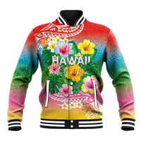 Hawaii Aloha Tropical Leaves and Flower Baseball Jacket with Polynesian Art Tattoo Rainbow Color LT03 Unisex Rainbow - Polynesian Pride