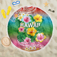 Hawaii Aloha Tropical Leaves and Flower Beach Blanket with Polynesian Art Tattoo Rainbow Color LT03 One Size 150cm Rainbow - Polynesian Pride