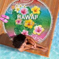 Hawaii Aloha Tropical Leaves and Flower Beach Blanket with Polynesian Art Tattoo Rainbow Color LT03 - Polynesian Pride