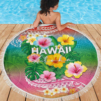 Hawaii Aloha Tropical Leaves and Flower Beach Blanket with Polynesian Art Tattoo Rainbow Color LT03 - Polynesian Pride