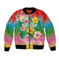 Hawaii Aloha Tropical Leaves and Flower Bomber Jacket with Polynesian Art Tattoo Rainbow Color - Polynesian Pride