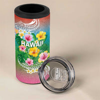 Hawaii Aloha Tropical Leaves and Flower 4 in 1 Can Cooler Tumbler with Polynesian Art Tattoo Rainbow Color - Polynesian Pride