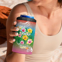 Hawaii Aloha Tropical Leaves and Flower 4 in 1 Can Cooler Tumbler with Polynesian Art Tattoo Rainbow Color - Polynesian Pride