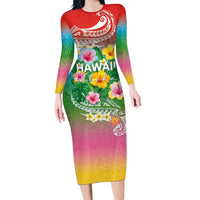 Hawaii Aloha Tropical Leaves and Flower Family Matching Long Sleeve Bodycon Dress and Hawaiian Shirt with Polynesian Art Tattoo Rainbow Color - Polynesian Pride