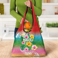 Hawaii Aloha Tropical Leaves and Flower Grocery Bag with Polynesian Art Tattoo Rainbow Color LT03 - Polynesian Pride