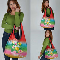 Hawaii Aloha Tropical Leaves and Flower Grocery Bag with Polynesian Art Tattoo Rainbow Color LT03 - Polynesian Pride
