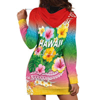 Hawaii Aloha Tropical Leaves and Flower Hoodie Dress with Polynesian Art Tattoo Rainbow Color - Polynesian Pride