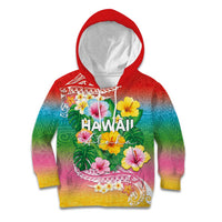 Hawaii Aloha Tropical Leaves and Flower Kid Hoodie with Polynesian Art Tattoo Rainbow Color - Polynesian Pride