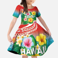 Hawaii Aloha Tropical Leaves and Flower Kid Short Sleeve Dress with Polynesian Art Tattoo Rainbow Color - Polynesian Pride