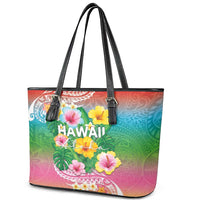 Hawaii Aloha Tropical Leaves and Flower Leather Tote Bag with Polynesian Art Tattoo Rainbow Color - Polynesian Pride