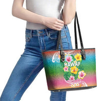 Hawaii Aloha Tropical Leaves and Flower Leather Tote Bag with Polynesian Art Tattoo Rainbow Color - Polynesian Pride