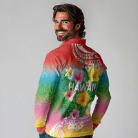 Hawaii Aloha Tropical Leaves and Flower Long Sleeve Polo Shirt with Polynesian Art Tattoo Rainbow Color - Polynesian Pride