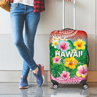 Hawaii Aloha Tropical Leaves and Flower Luggage Cover with Polynesian Art Tattoo Rainbow Color - Polynesian Pride